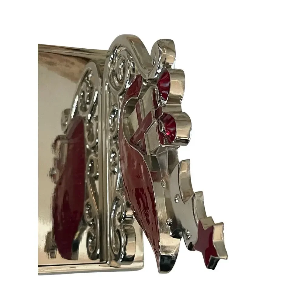 Silver Tone Chrome Stocking Hanger Holder Enamel Accent Christmas